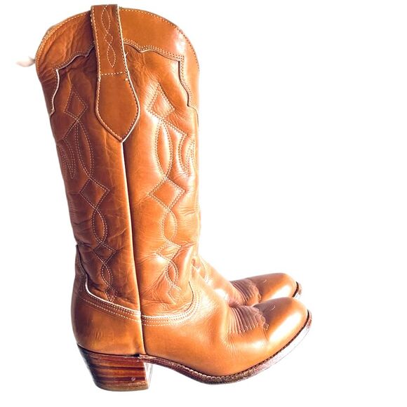 Vintage Zodiac Western Leather Heeled Boots Tan Embroidered Size 7.5 - Picture 1 of 16
